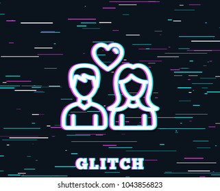 Glitch effect. Couple with Heart line icon. Users Group sign. Male and Female Person silhouette symbol. Background with colored lines. Vector