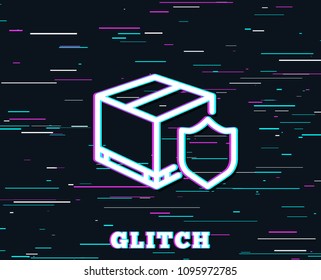 Glitch effect. Delivery insurance line icon. Parcels tracking sign. Shipping box symbol. Background with colored lines. Vector