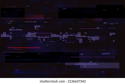 Glitch effect. Digital video error with random shapes. Dynamic broken signal. Playback distortion. Dark pixels and lines. Abstract distorted background. Vector illustration.