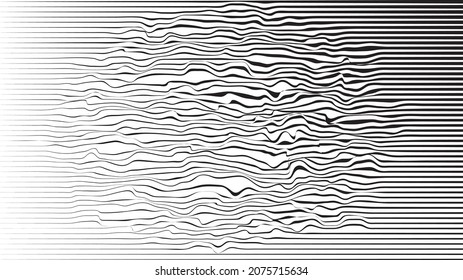 Glitch effect . Distorted speed lines .Abstract flow lines background . Fluid wavy shape .Striped linear pattern . Music sound wave . Vector illustration
