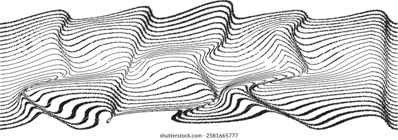 Glitch effect . Distorted speed lines .Abstract flow lines background . Fluid wavy shape .Rough edges .Striped linear pattern . Music sound wave . Vector illustration