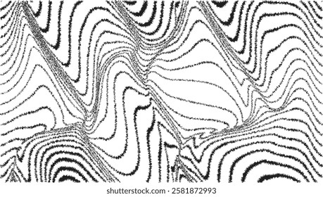 Glitch effect . Distorted speed lines .Abstract flow lines background . Fluid wavy shape .Rough edges .Striped linear pattern . Music sound wave . Vector illustration
