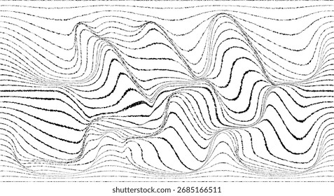 Efecto Glitch. Líneas de velocidad distorsionadas. Fondo de líneas de flujo Abstractas . Forma ondulada fluida. Bordes ásperos. Patrón lineal rayado . Onda de sonido de música . Ilustración vectorial
