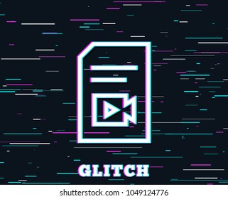 Glitch effect. Document with Video content line icon. Vlog File with Camera sign. Paper page concept symbol. Background with colored lines. Vector