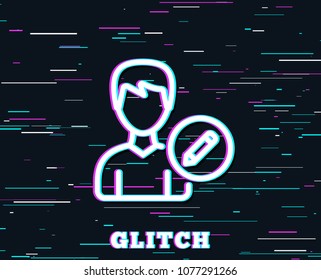 Glitch effect. Edit User line icon. Profile Avatar with pencil sign. Male Person silhouette symbol. Background with colored lines. Vector