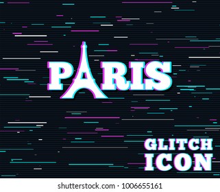 Glitch effect. Eiffel tower icon. Paris symbol. Background with colored lines. Vector