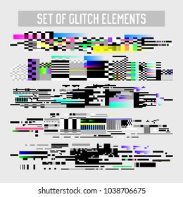 Glitch Effect Elements Set. TV Distortion, Digital Noise Abstract Design, Decay Signal, Screen Pixel illustration, Monitor Problems. Vector