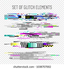 Glitch Effect Elements Set. TV Distortion, Digital Noise Abstract Design, Decay Signal, Screen Pixel Illustration, Monitor Problems. Vector