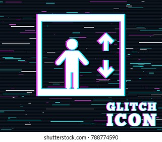 Glitch effect. Elevator sign icon. Person symbol with up and down arrows. Background with colored lines. Vector