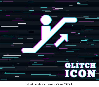 Glitch effect. Escalator staircase icon. Elevator moving stairs up symbol. Background with colored lines. Vector