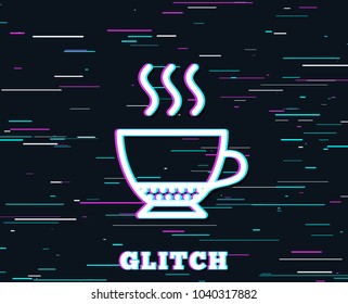 Glitch effect. Espresso coffee icon. Hot drink sign. Beverage symbol. Background with colored lines. Vector