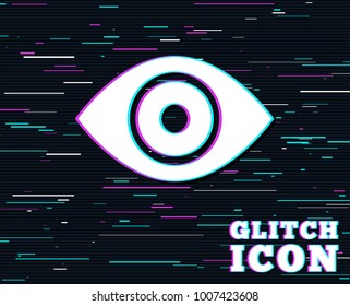 Glitch effect. Eye sign icon. Publish content button. Visibility. Background with colored lines. Vector