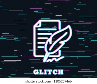 Glitch effect. Feather signature line icon. Copywriting sign. Feedback symbol. Background with colored lines. Vector