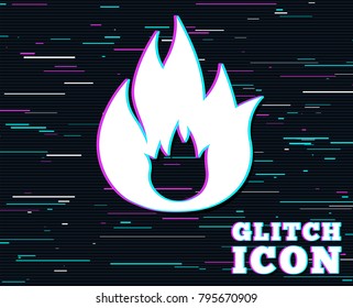 Glitch effect. Fire flame sign icon. Fire symbol. Stop fire. Escape from fire. Background with colored lines. Vector
