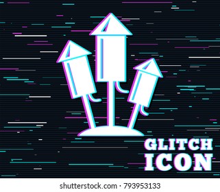 Glitch effect. Fireworks rockets sign icon. Explosive pyrotechnic device symbol. Background with colored lines. Vector