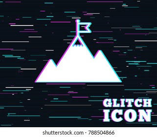 Glitch effect. Flag on mountain icon. Leadership motivation sign. Mountaineering symbol. Background with colored lines. Vector