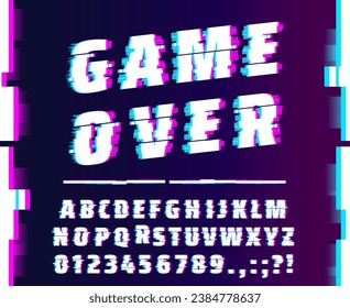 Glitch effect font, futuristic cyber type, display screen failure typeface, digital noise dynamic english alphabet. Vector typography, distorted letters and numbers font for cyberpunk and space game