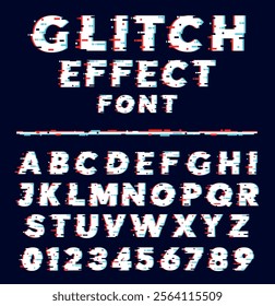 Glitch effect font. Trendy modern style letters and numbers. Visual noise. Digital distorted alphabet. Pixels typeface. Cyber lettering. Uppercase typeset. Vector