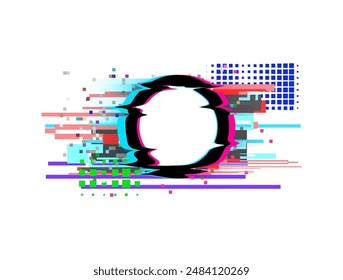Glitch effect frame. Geometric shapes. Circle, stripes and square dots. Colorful. Technological crash. Broken digital system. Pixel lags. Vector illustration isolated on white background.