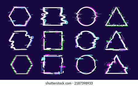 Glitch effect frame. Light tv bug, dance geometric shapes and digital ring. Abstract neon circles, triangles and squares. Art future technology racy vector elements