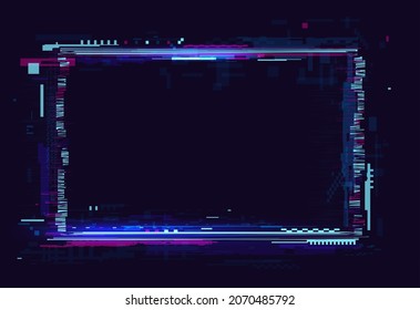 Glitch effect frame of rectangular shape vector illustration. Abstract rectangle digital technology, neon electric border, signal destruction on tv screen in cyberpunk style on dark background