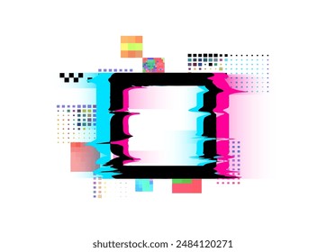 Glitch effect frame. Square geometric shapes in pink, blue and black. Digital interference, noise. Pixel futuristic graphics. Destructive abstraction. Vector illustration isolated on white background