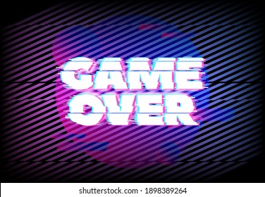 Glitch effect for game over page. Abstract vector background with blue and purple neon glitched diagonal stripes and round colorful shapes. Vintage poster with digital noise distortion lines