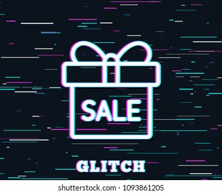 Glitch effect. Gift box line icon. Present or Sale sign. Birthday Shopping symbol. Package in Gift Wrap. Background with colored lines. Vector