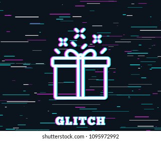 Glitch effect. Gift box line icon. Present or Sale sign. Birthday Shopping symbol. Package in Gift Wrap. Background with colored lines. Vector