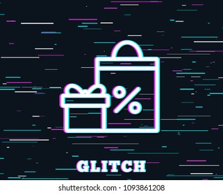 Glitch effect. Gift box with Shopping bag line icon. Present or Sale sign. Birthday Shopping with Discounts symbol. Package in Gift Wrap. Background with colored lines. Vector