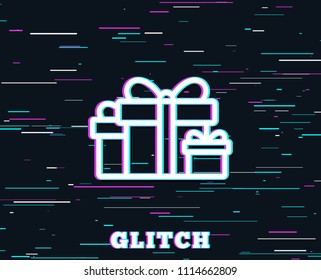 Glitch effect. Gift boxes line icon. Present or Sale sign. Birthday Shopping symbol. Package in Gift Wrap. Background with colored lines. Vector