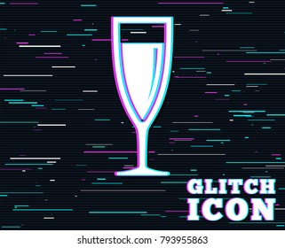 Glitch effect. Glass of champagne sign icon. Sparkling wine. Celebration or banquet alcohol drink symbol. Background with colored lines. Vector