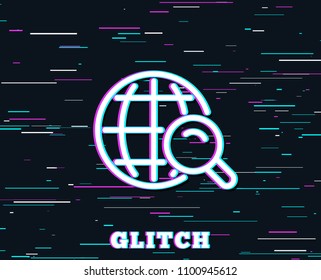 Glitch effect. Global Search line icon. World or Globe sign. Website search engine symbol. Background with colored lines. Vector