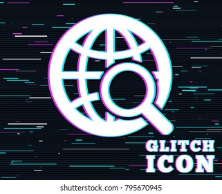 Glitch effect. Global search sign icon. World globe symbol. Background with colored lines. Vector