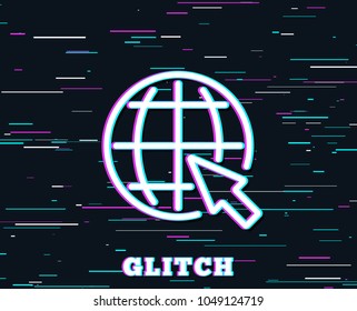 Glitch effect. Globe with mouse cursor line icon. World or Earth sign. Global Internet symbol. Background with colored lines. Vector