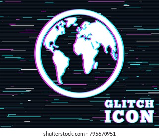 Glitch effect. Globe sign icon. World map geography symbol. Background with colored lines. Vector
