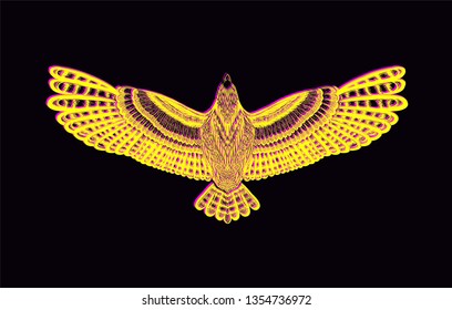 Glitch effect. Gold bird on the black background. Isolated flying owl. to be use for coloring book pages, print t shirt and tattoo art.
