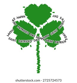 Glitch effect green trefoil Clover with futuristic element and bold holiday message isolated transparent background. Perfect Saint Patrick's symbol vector illustration. Modern Glitch effect Clover template design. EPS 10