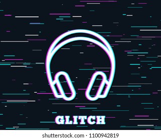 Glitch effect. Headphones line icon. Music listening device sign. DJ or Audio symbol. Background with colored lines. Vector