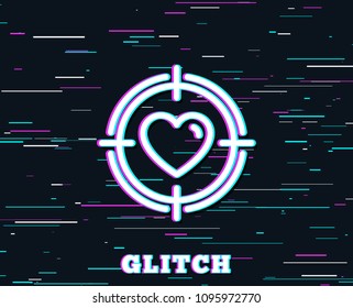Glitch effect. Heart in Target aim line icon. Love dating symbol. Valentines day sign. Background with colored lines. Vector