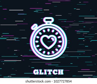 Glitch effect. Heart in Timer line icon. Love symbol. Valentines day stopwatch sign. Background with colored lines. Vector
