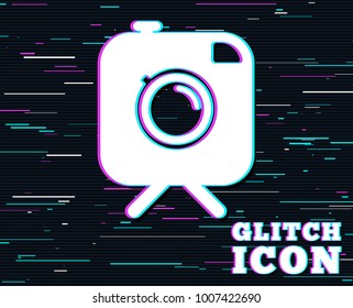 Glitch effect. Hipster photo camera sign icon. Retro camera on tripod symbol. Background with colored lines. Vector
