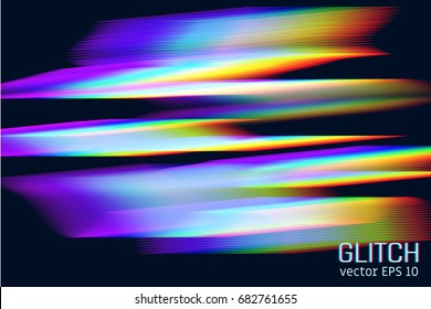 Glitch effect of horizontal stripes. Illustration of colorful night lights. Abstract background. Element of design. Vector illustration.