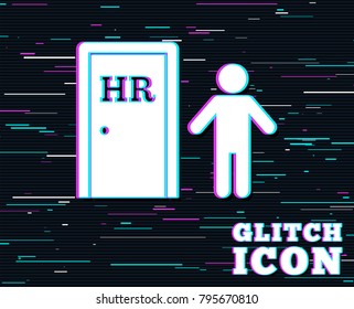 Glitch effect. Human resources sign icon. HR symbol. Workforce of business organization. Man at the door. Background with colored lines. Vector