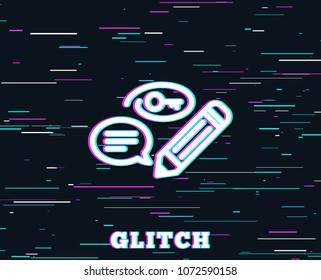 Glitch effect. Keywords line icon. Pencil with key symbol. Marketing strategy sign. Background with colored lines. Vector