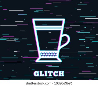 Glitch effect. Latte coffee icon. Hot drink sign. Beverage symbol. Background with colored lines. Vector