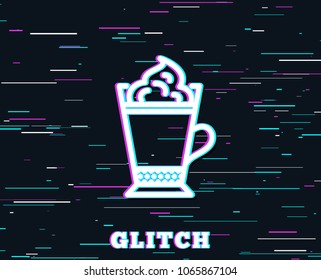 Glitch effect. Latte coffee with Whipped cream icon. Hot drink sign. Beverage symbol. Background with colored lines. Vector