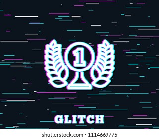 Glitch effect. Laureate award line icon. Winner prize symbol. Prize with Laurel wreath sign. Background with colored lines. Vector