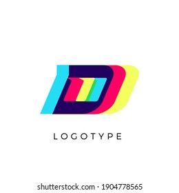 Glitch effect letter D, colored spectrum overlay effect. Vector slant symbol for cyber sport, racing, automotive and fashion branding. Vector typography design for logo and monogram