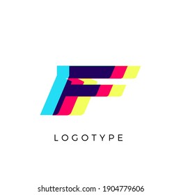 Glitch effect letter F, colored spectrum overlay effect. Vector slant symbol for cyber sport, racing, automotive and fashion branding. Vector typography design for logo and monogram